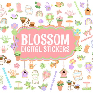Adesivi digitali Blossom, adesivi fiori, fiori primaverili, adesivi digitali pretagliati, adesivi GoodNotes, file PNG, adesivi per planner