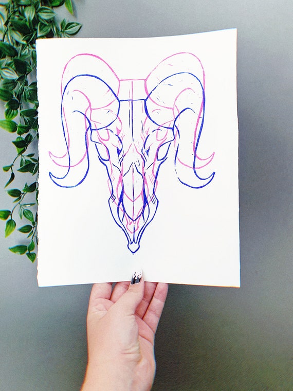 Double Skull Linocut Printing Made Hand Skull Design Etsy