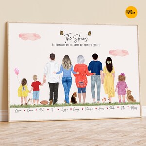 Custom Family Portrait with pets, Christmas Gift for Mom from Daughter, Personalized Family Wall Art Illustration, Mom Christmas Gift