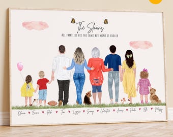 Custom Family Portrait with pets, Christmas Gift for Mom from Daughter, Personalized Family Wall Art Illustration, Mom Christmas Gift