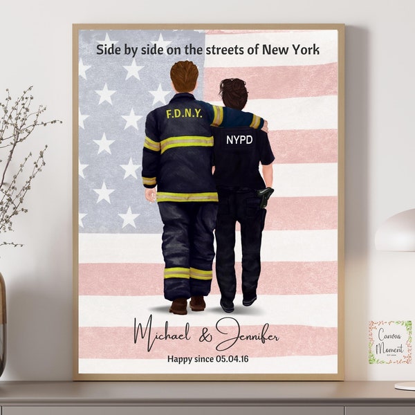 Firefighter and Police, Firefighter Gift for him, Custom couple portrait, Emergency Services gift, Cop wife, Firefighter, Paramedic gift