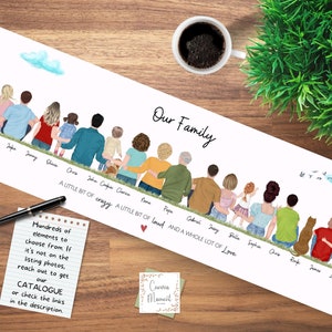 Large Family Portrait, Big Group Custom Print, Long Family Picture, Grandparents Gift, Huge Family Illustration with pets, Family Canvas
