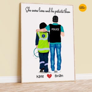Custom Paramedic & Police Couple Portrait: Emergency Services Gift