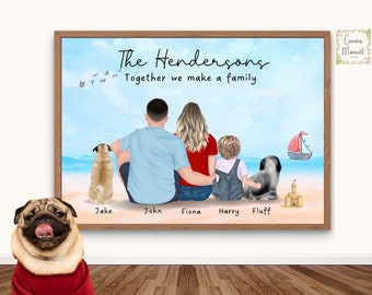 Birthday Family Portrait with Pets, Personalized Family art deco, New Home Gift, Fathers day Gift, Gift for Dad, Gift for husband