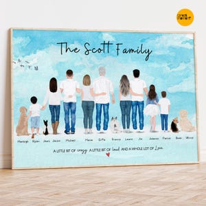 Custom Family Portrait with pets, Christmas Gift for Mom from Daughter, Personalized Family Wall Art Illustration, Mom Christmas Gift