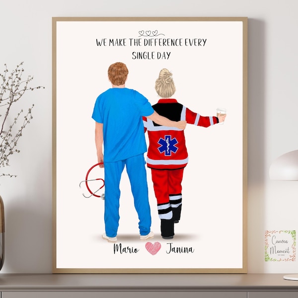 Paramedic and Nurse, Custom couple portrait, Emergency Services gift, Army couple, Paramedic gift, Nurse and Cop, Firefighter Gift for him