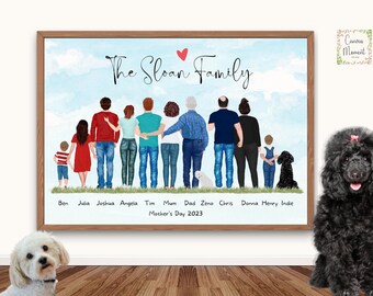 Personalized Family Portrait Print with Pets: Custom Grandma Gift