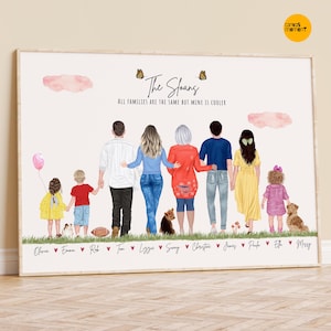 Custom Family Portrait with pets, Christmas Gift for Mom from Daughter, Personalized Family Wall Art Illustration, Mom Christmas Gift