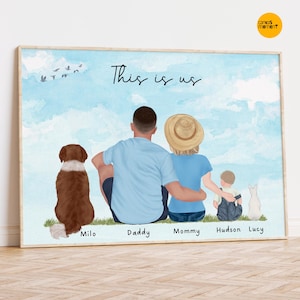 Custom Family Portrait with pets, Christmas Gift for Mom from Daughter, Personalized Family Wall Art Illustration, Mom Christmas Gift