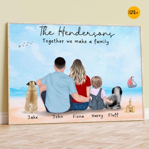 Christmas Family Portrait with Pets, Personalized Family art deco, New Home Gift, Fathers day Gift, Gift for Dad, Gift for husband