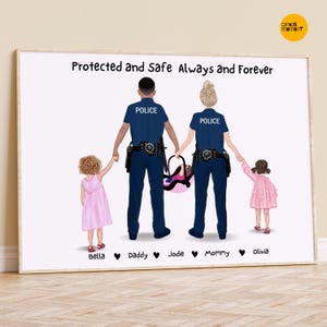 Police Family Personalized, Cop Dad with Kids, Police Couple with Children, Police Family Illustration, Custom Police Print
