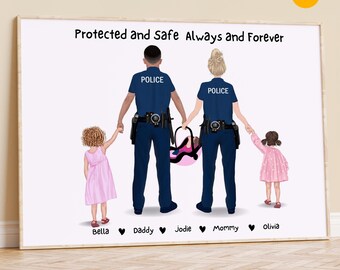 Police Family Personalized, Cop Dad with Kids, Police Couple with Children, Police Family Illustration, Custom Police Print