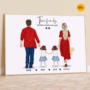 Twin Family Personalized Portrait, Triplets Family Print, Custom IVF family Portrait, Identical Twins Custom, Non-Identical Twin sisters