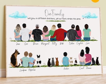 Custom Big Family Christmas Print, Personalized family print with pets, Huge Family Canvas for Mom, Memorial, Large Family Print