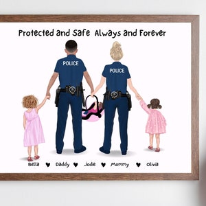 Police Family Personalized, Cop Dad with Kids, Police Couple with Children, Police Family Illustration, Custom Police Print