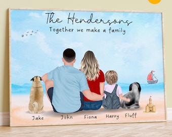Personalized Family Portrait with Pets: Watercolor Art Deco Print