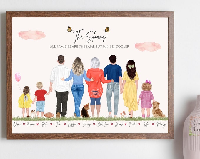 Custom Family Portrait with pets, Birthday Gift for Mom from Daughter, Personalized Family Wall Art Illustration, Mom Birthday Gift