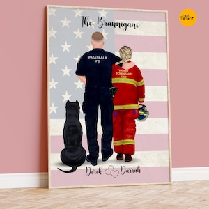 Firefighter and Police, Firefighter Gift for him, Custom couple portrait, Emergency Services gift, Cop wife, Firefighter, Paramedic gift