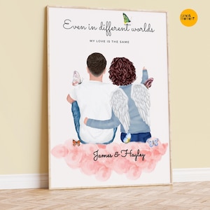 Personalized Memorial Portrait with Angel Wings: Custom Loss of Loved One Gift