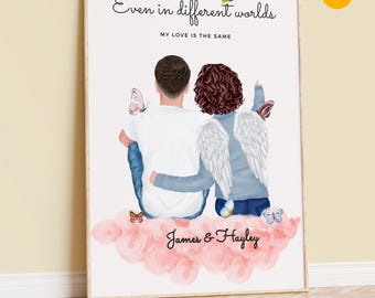 Personalized Memorial Portrait with Angel Wings: Custom Loss of Loved One Gift
