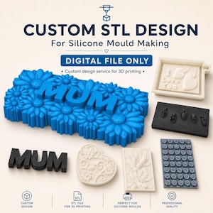 May include: A digital file for 3D printing custom silicone molds, featuring a blue rectangular block with the word MUM and flower patterns, alongside various white, black, and grey samples of heart, skull, and floral designs with text.