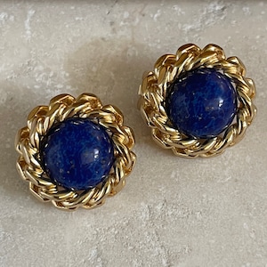 Vintage earrings Ear clips by Henkel and Large Haute Couture for Christian Dior, gold-plated lapis lazuli