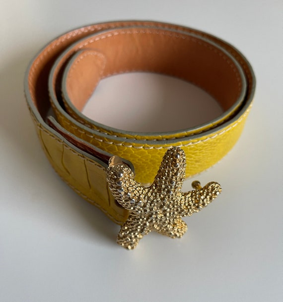 Vintage leather belt, women's belt golden starfis… - image 1