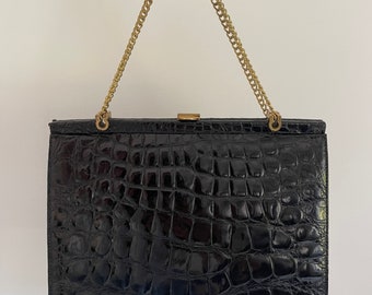 Croco Vintage Leather Bag Patent Leather Black Handbag 60s