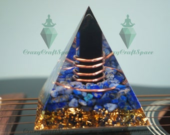 Obsidian Orgonite Pyramid: Lapis Lazuli, Copper, & Gold Decor