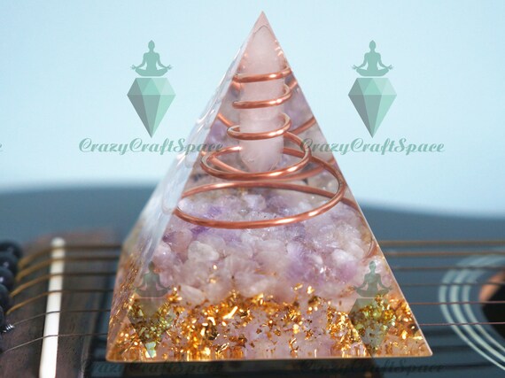 Rose Quartz Orgone Pyramid | Amethyst, Copper & Gold