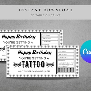 Vale de regalo de tatuaje personalizado / Certificado de tatuaje personalizable para ocasiones especiales / Vale digital