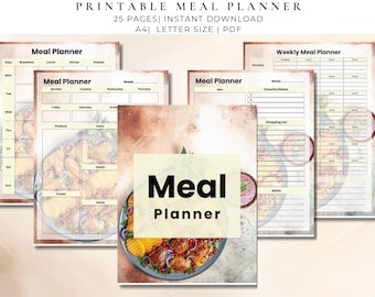 Puede incluir: Planificador de comidas imprimible con un fondo beige y marrón. El planificador incluye secciones para comidas diarias, planificación semanal y una lista de compras. El texto "Meal Planner" se muestra de forma destacada. La imagen también incluye el texto "25 páginas | descarga instantánea | A4 | tamaño carta | PDF".