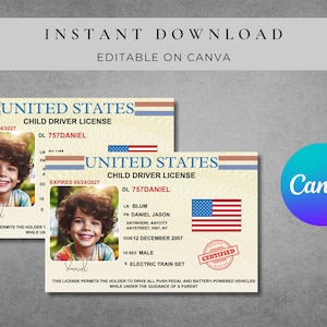 Amerikaans rijbewijs voor kinderen | Afdrukbaar rijbewijscertificaat voor kinderen | Digitale voucher