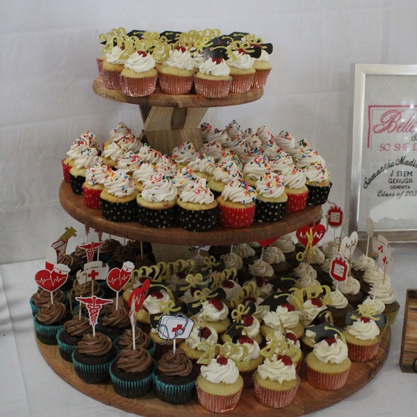 3 Tier Cupcake Display ~ Solid Wood ~ Rustic Modern Serving Platter ~ Cupcake Tower ~ Bakery Display Stand