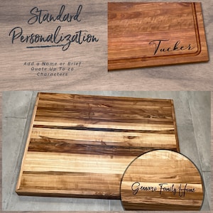 May include: A wooden cutting board with a natural wood grain finish. The board is personalized with the text "Tucker" and "Gennaro Family Home".