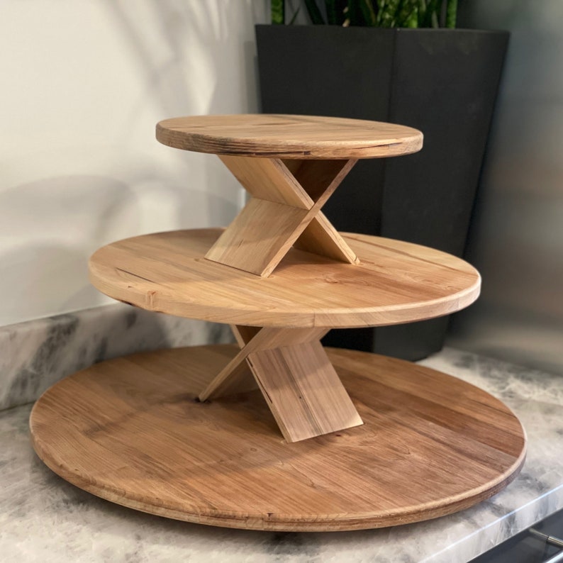 3 Tier Cupcake Display Solid Wood Rustic Modern Serving Platter Cupcake Tower Bakery Display Stand image 8