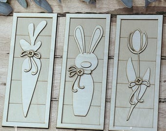 Trío de conejos de Pascua de primavera, tulipanes y zanahorias / Letreros de madera con revestimiento rústico vertical / Kit de bricolaje de madera sin terminar