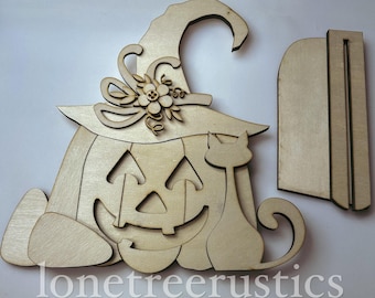 Kit de madera para decorar estantes con forma de calabaza con sombrero de bruja, kit de madera sin terminar para decorar calabazas, piezas en blanco para decorar el hogar, letrero de Halloween para decorar.