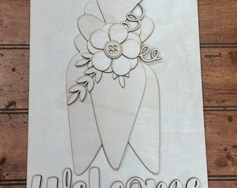 Etiqueta de bienvenida con zanahorias - Kit de madera DIY de Pascua sin terminar, espacios en blanco para decorar el hogar, letrero de Pascua DIY