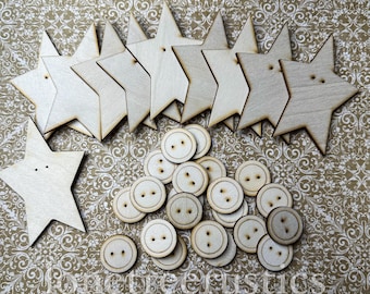 Paquete de estrellas y botones: recortes de madera hechos con láser