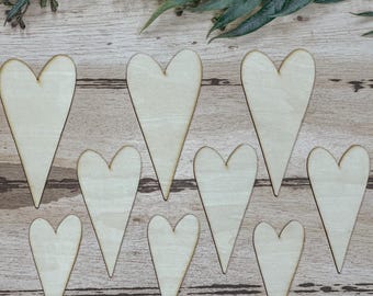 Conjunto de corazones de madera primitivos: 9 piezas recortadas en madera con láser