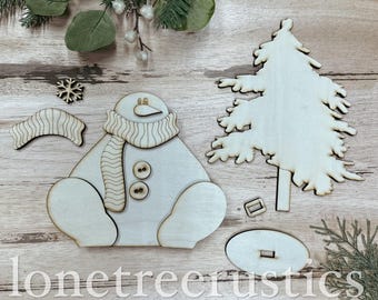 Muñeco de nieve con bufanda y estante para árbol (dos caras): kit de madera para hacer uno mismo sin terminar, kit de madera para hacer uno mismo sin terminar de muñeco de nieve, letrero de invierno para hacer uno mismo