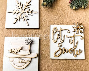Muñeco de nieve, Let It Snow, juego de 3 copos de nieve - Letreros de 4x4 - Kit de madera para hacer uno mismo sin terminar, espacios en blanco de estilo rústico para decorar el hogar, letrero de invierno para hacer uno mismo