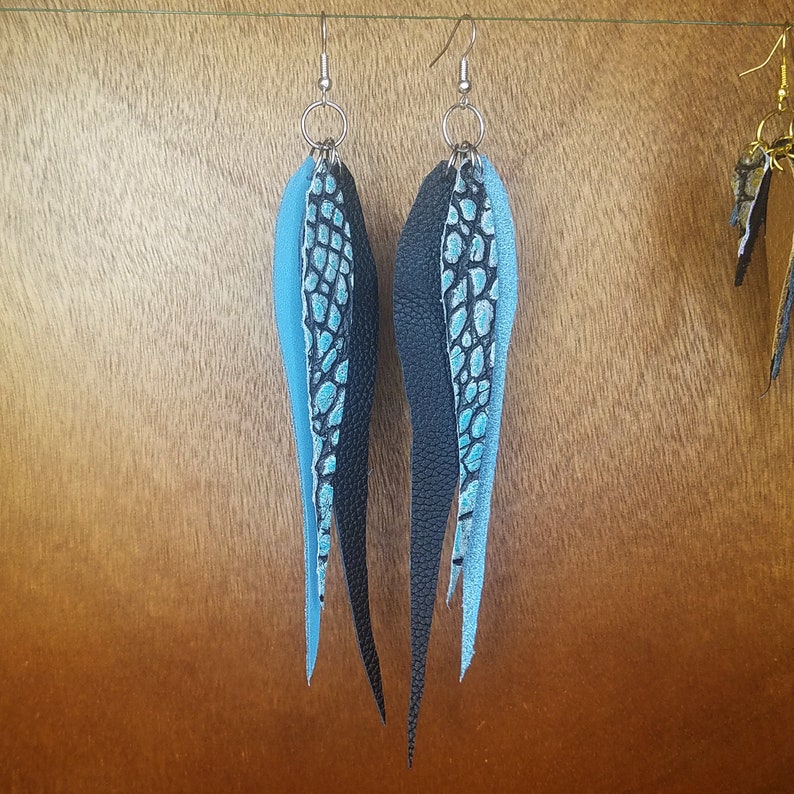 Long Leather Feather Trio Earrings Blue