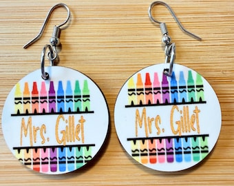 Personalized Teacher Crayon Earrings: Rainbow Wood, Custom Name