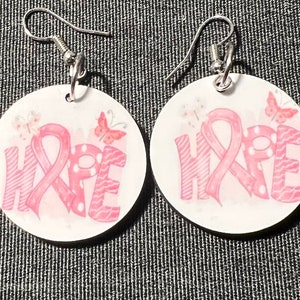 Breast Cancer Awareness earrings &quot;HOPE&quot; Pink Ribbon Lightweight Dangle Round earrings