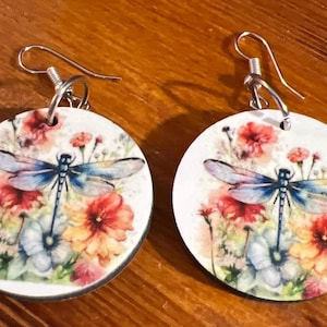 Dragonfly and Floral watercolor Earrings Round Nature-Inspired Jewelry Gift for Her lightweight & hypoallergenic