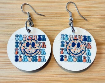 Retro Teacher Smiley Earrings, Handmade Wood Dangle Jewelry, Back to School Style