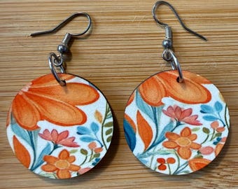 Orange Floral Earrings: Handmade Wood Boho Dangles, Hypoallergenic Hooks