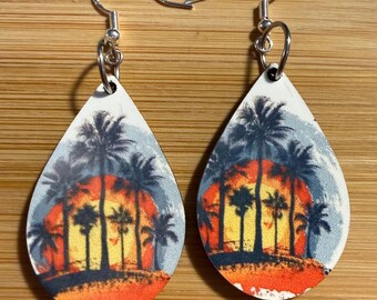 Tropical Sunset Teardrop Earrings: Palm Tree Beach Jewelry